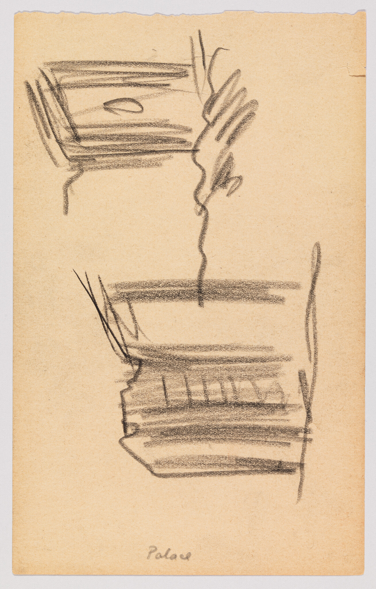 A sketch on tan paper featuring two studies of hands holding a book, with the book appearing more detailed in the lower sketch. The artist's signature, "Palaez," is visible at the bottom right.