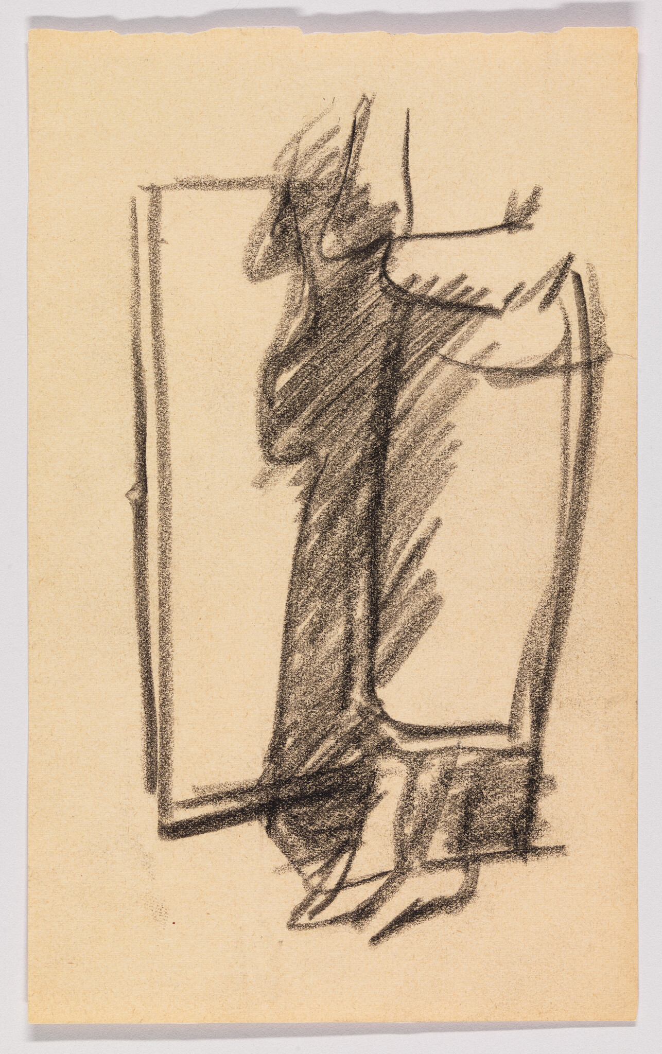 A charcoal sketch on tan paper depicting an abstract figure with elongated limbs and torso, possibly in a dancing pose or a dynamic movement, with the figure's features and details left to minimal lines and shading.