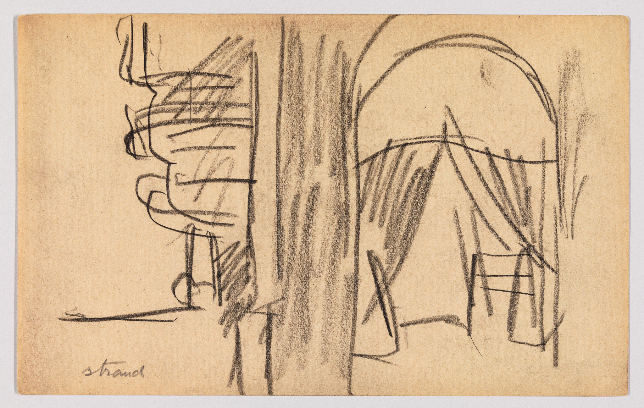 A sketch on tan paper featuring abstract lines and shapes that suggest architectural forms, with a signature at the bottom left corner.