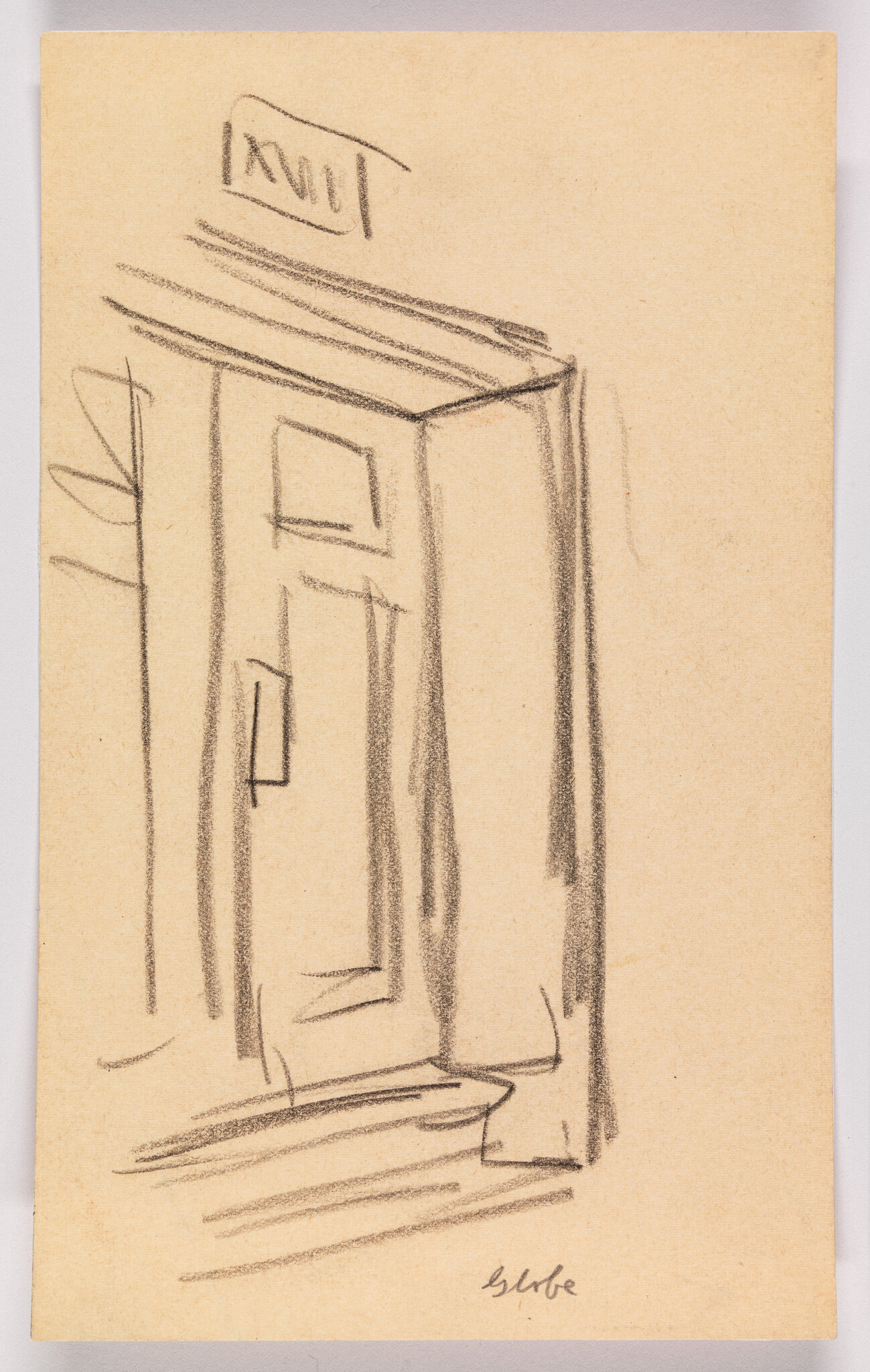 A sketch on tan paper depicting a rough outline of a door with a sign above it that reads "EXIT." The drawing is executed with loose, expressive lines, and there's a signature at the bottom right corner.
