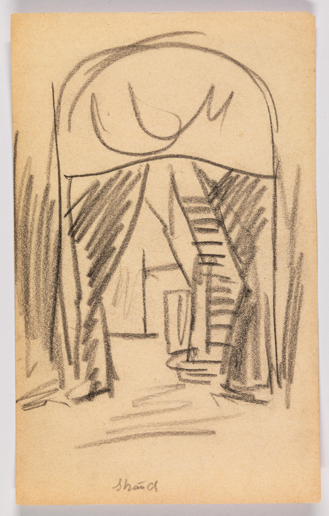 A sketch on tan paper depicting an abstract interior scene with a large circular form at the top and dark, vertical strokes suggesting curtains or drapery on either side. A staircase is visible in the background, and the artist's signature is in the lower left corner.