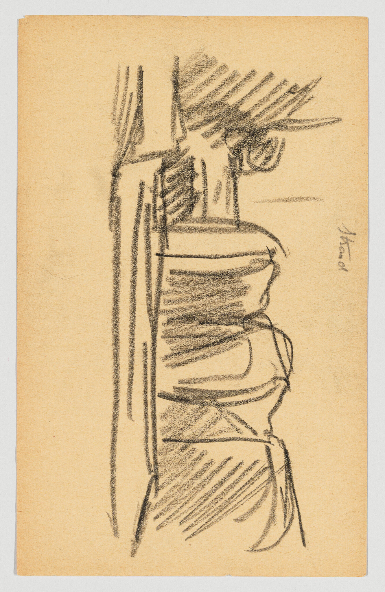 Sketch of an abstract figure with dynamic lines and shading on a tan paper, signed by the artist in the lower right corner.
