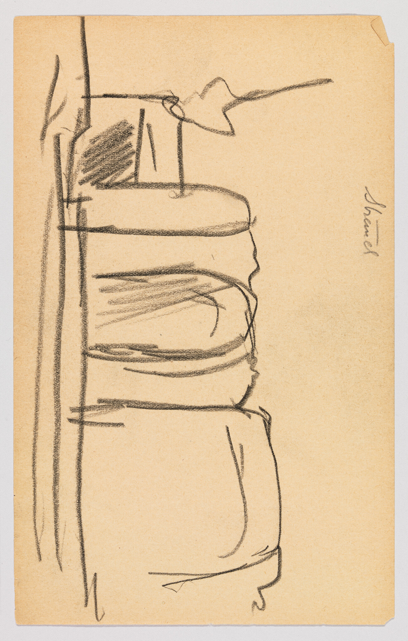 A sketch on tan paper featuring abstract lines and shapes that suggest a figure seated next to a vertical structure, possibly a chair or a window, with a signature at the bottom right corner.