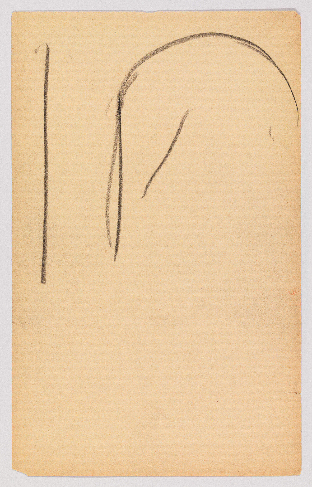 A beige paper with minimal black charcoal lines, including a vertical line on the left and a curved line on the right.