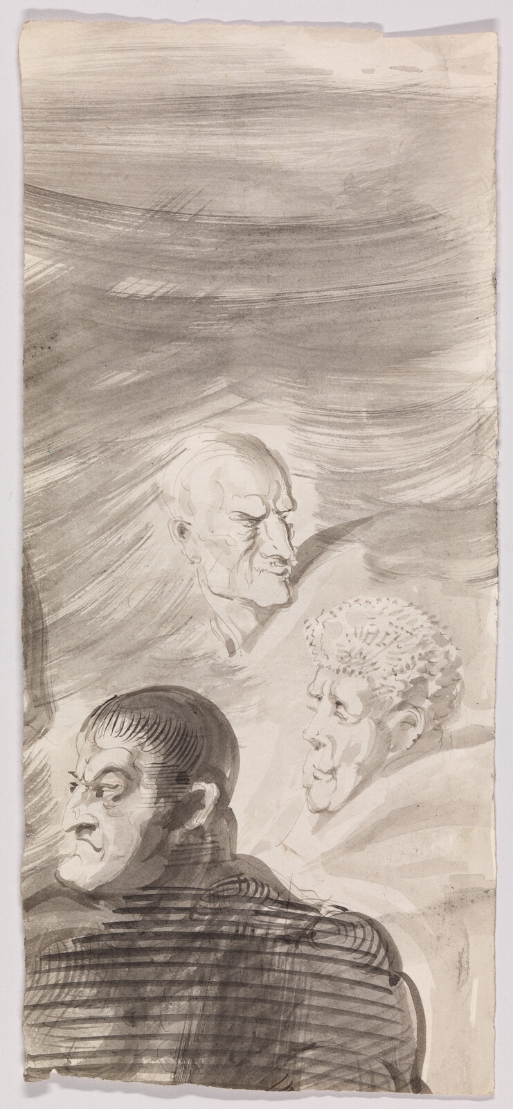 Three expressive male heads sketched in ink wash, each showing distinct profiles and emotions.