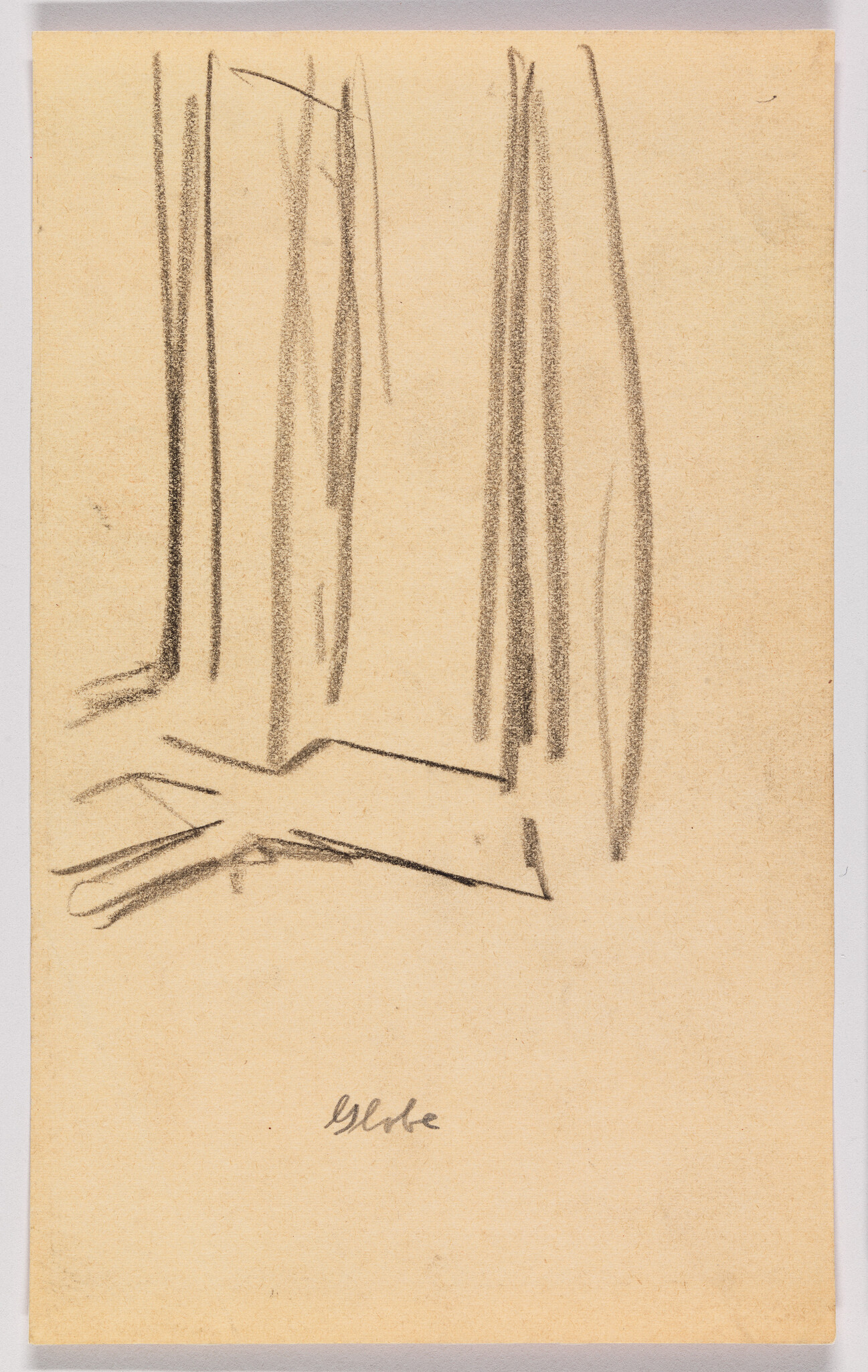A sketch on tan paper featuring abstract vertical lines and shapes that could represent trees or architectural elements, with a signature at the bottom.