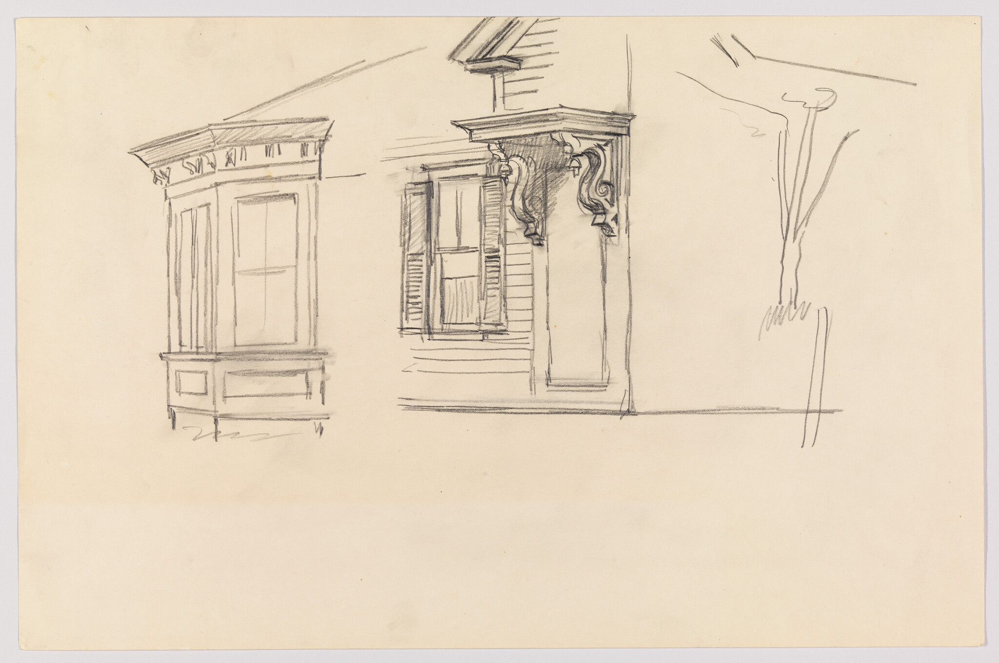 Pencil sketch showing two house windows and an ornate corbel on a simple facade.