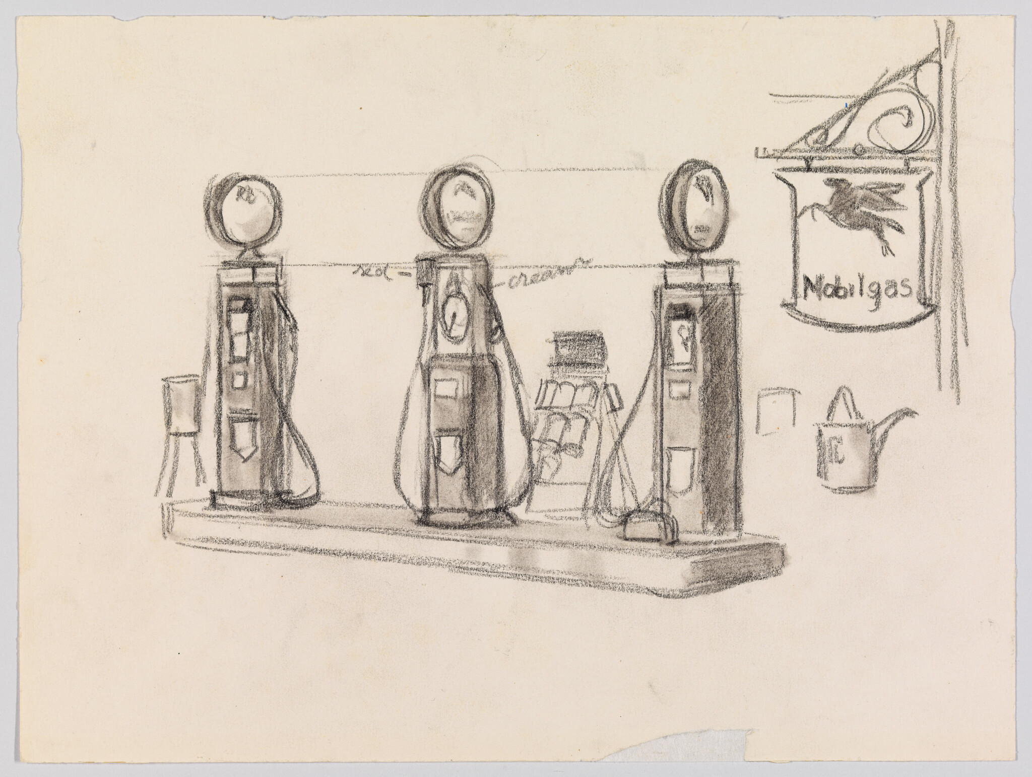 Three vintage gas pumps stand on a raised platform with a hanging Nobilgas sign.