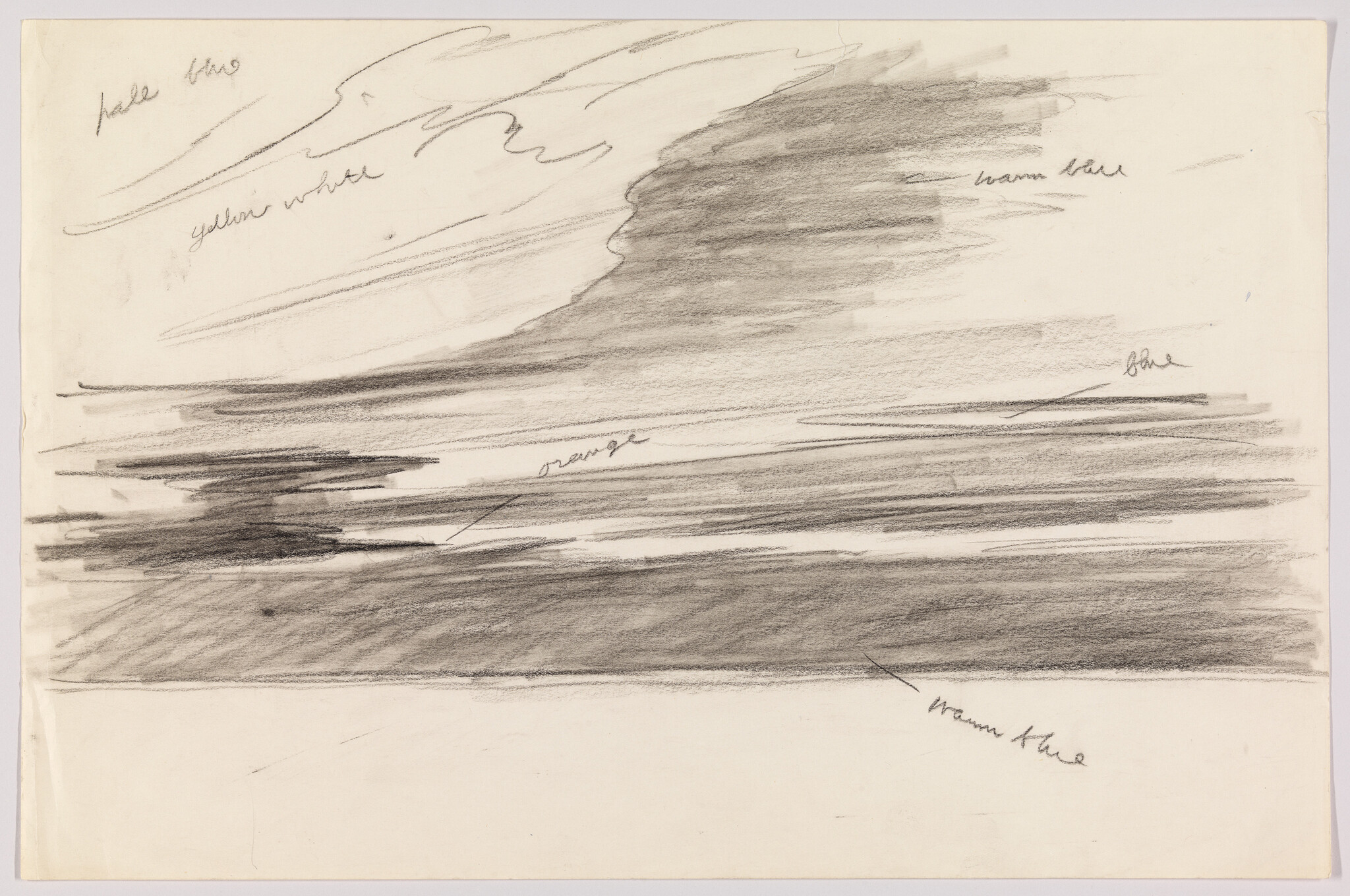 Loose pencil study of layered horizontal strokes suggesting a cloudy sky and a distant horizon.