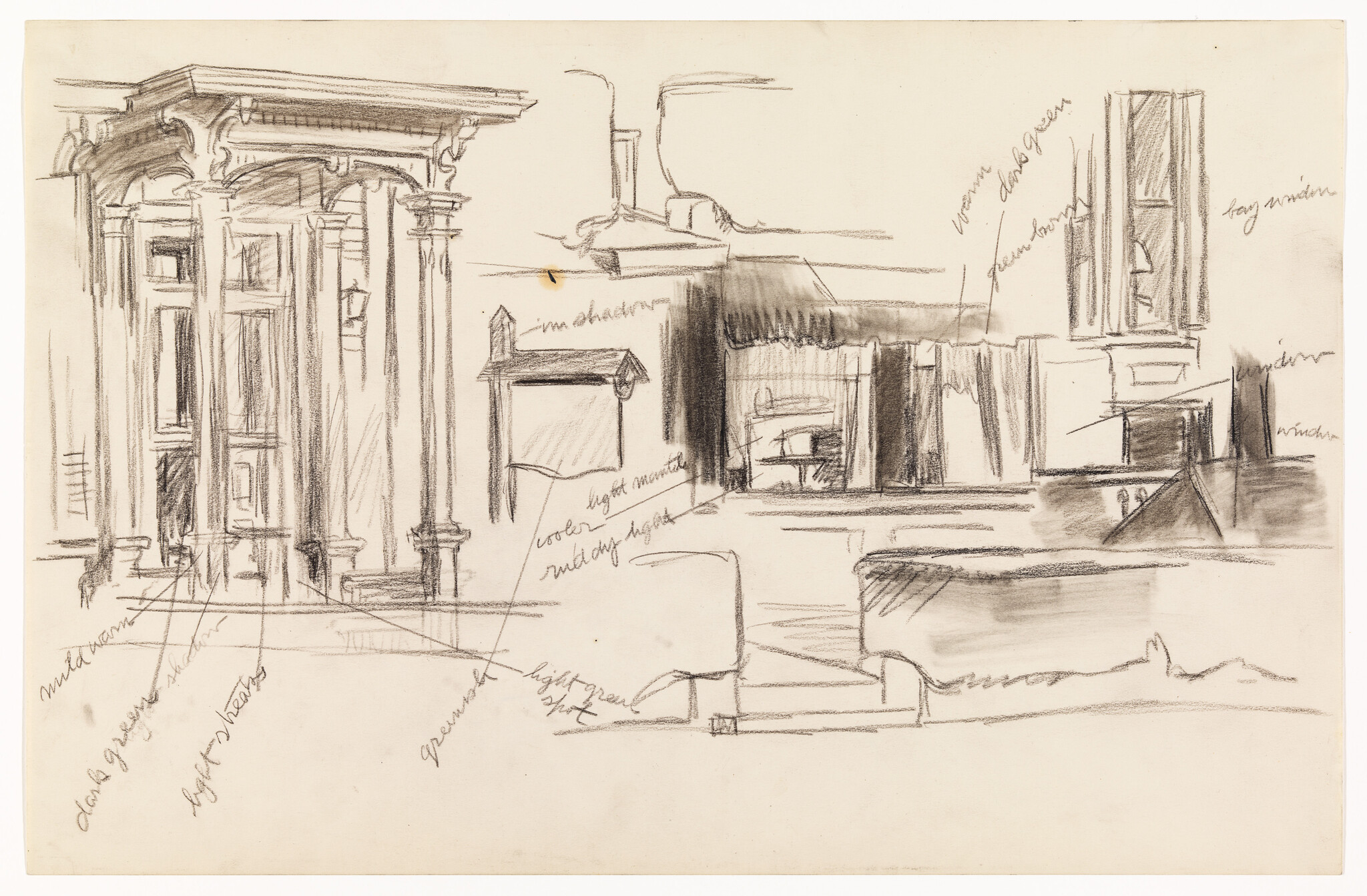 Rough charcoal sketches of a building facade with columns, windows, and handwritten notes.