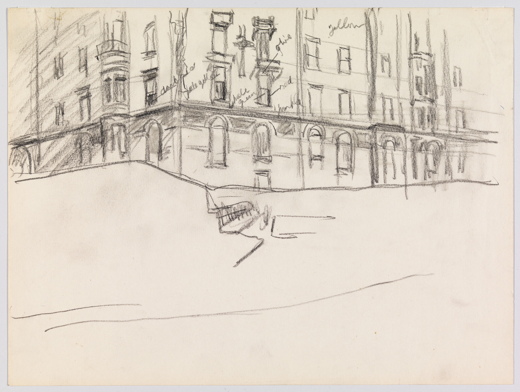 Rough pencil sketch of a city building corner with arched ground-floor openings and upper windows.