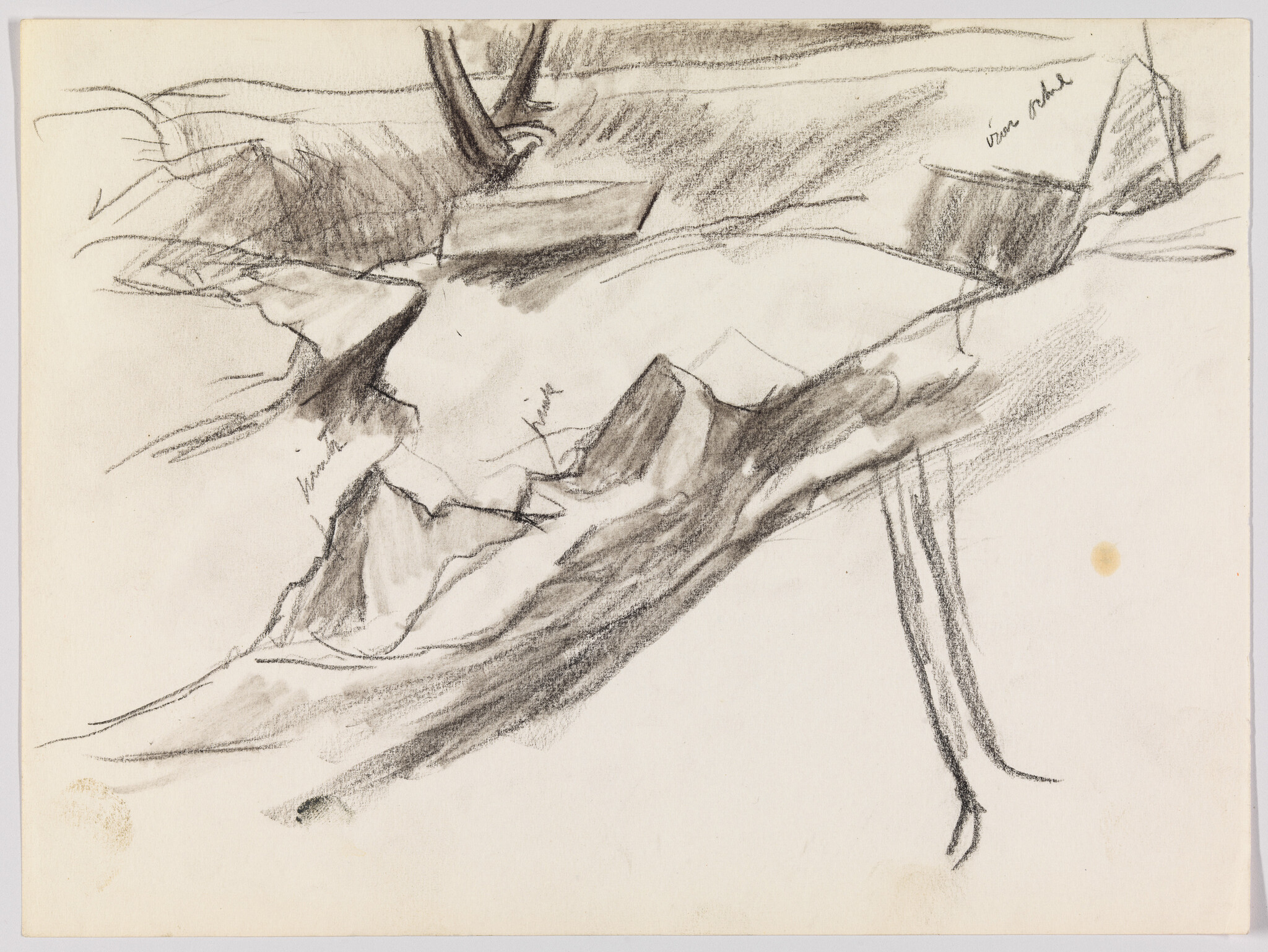A charcoal sketch showing a fallen tree trunk lying across rocky terrain with exposed roots.