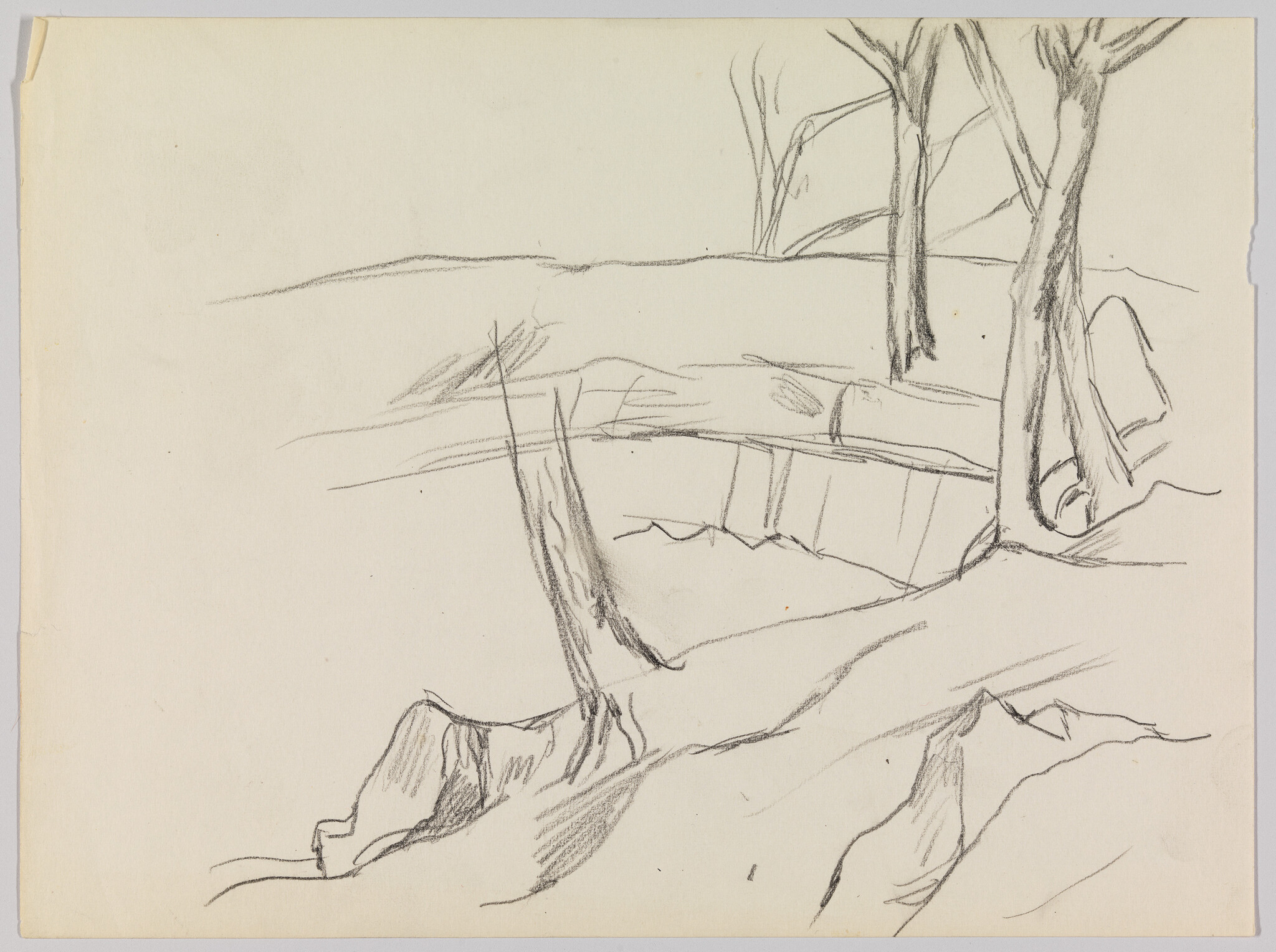 A pencil sketch showing a fallen tree trunk bridging a small ravine with standing trees.