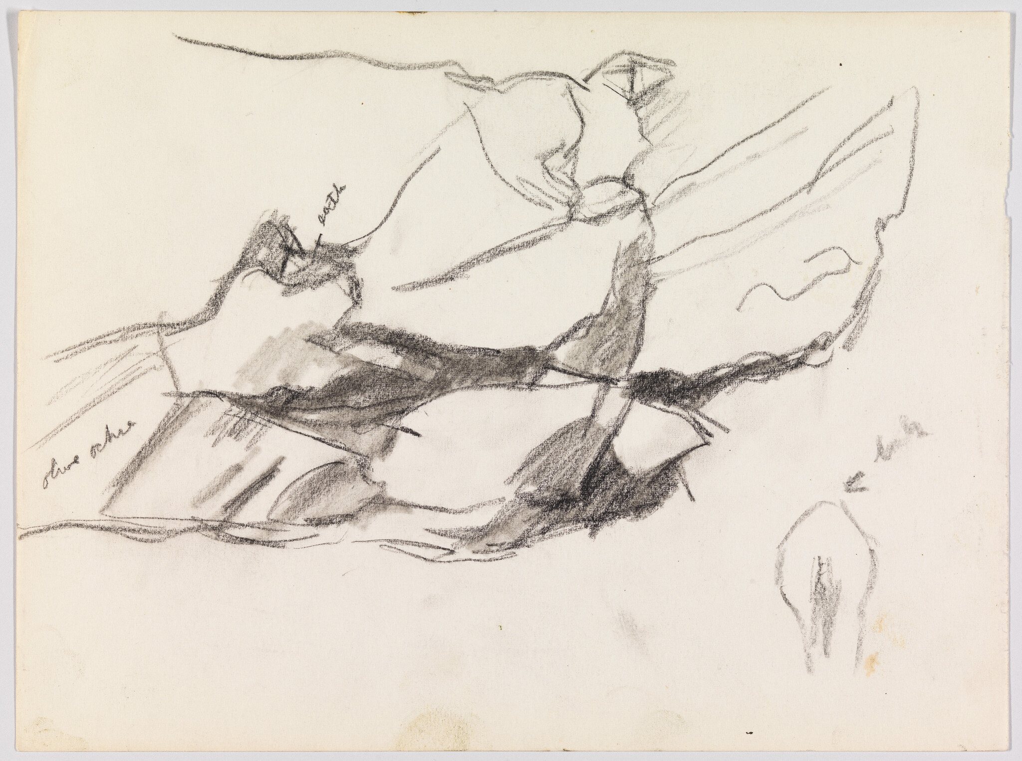 Loose charcoal sketch showing overlapping rocky forms and shaded crevices on paper.