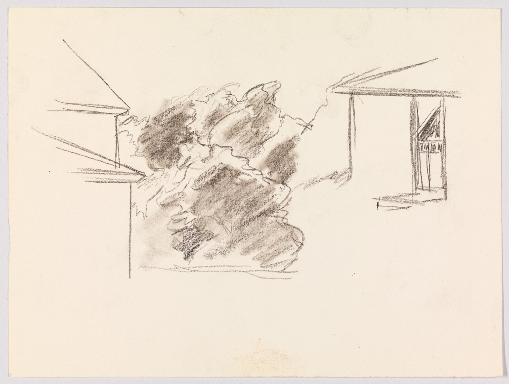 A rough pencil sketch showing a large bush or tree between two building edges and a window.