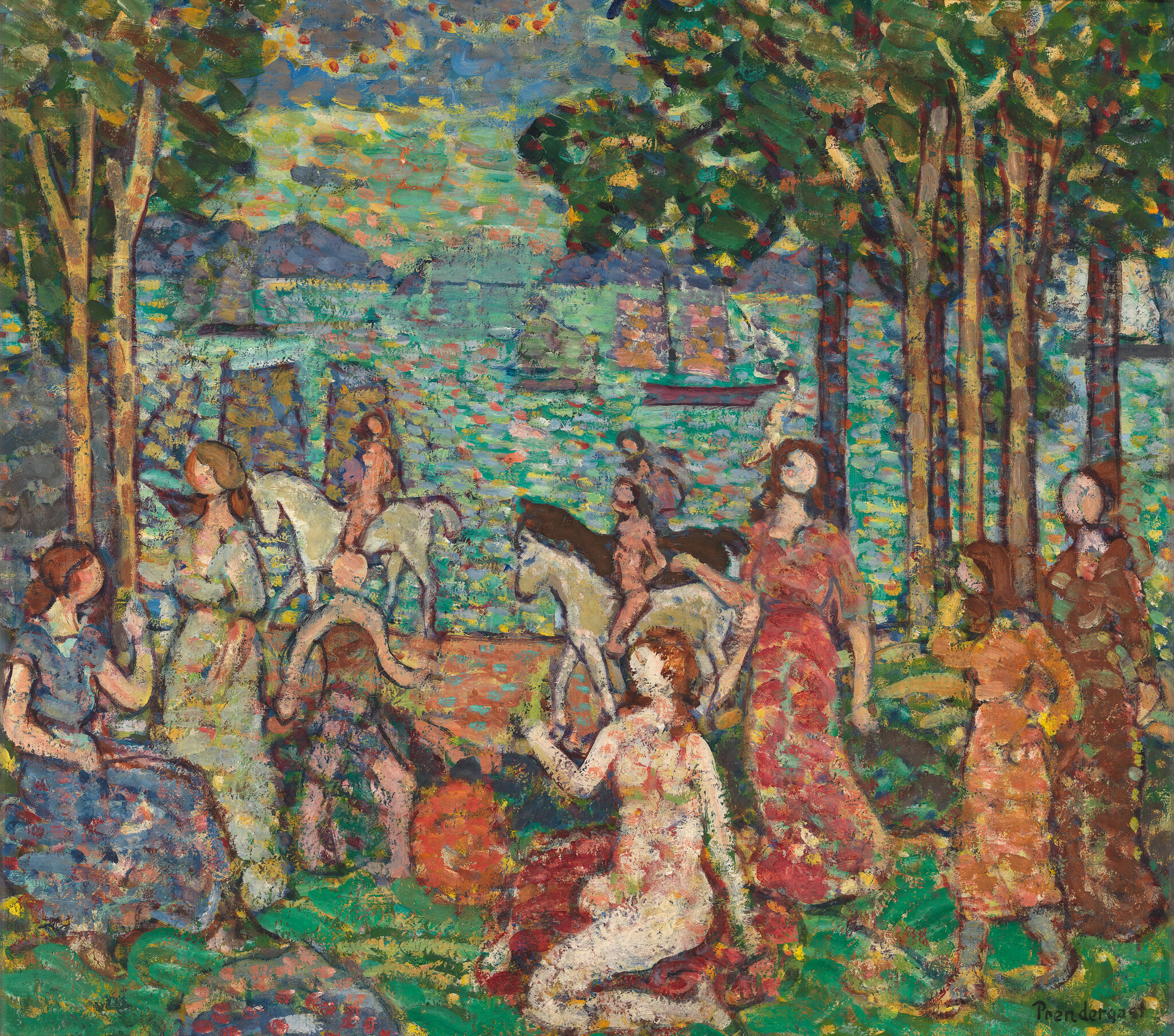 Women and children gather by the seaside under trees, some riding horses and others resting.