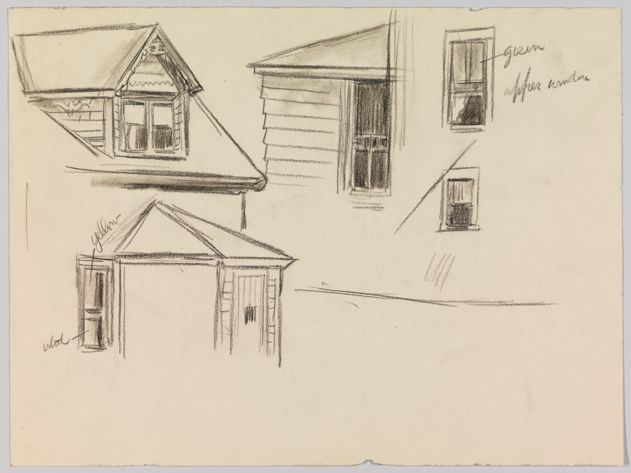 Pencil sketches show rooflines, windows, and a small porch on a house study.