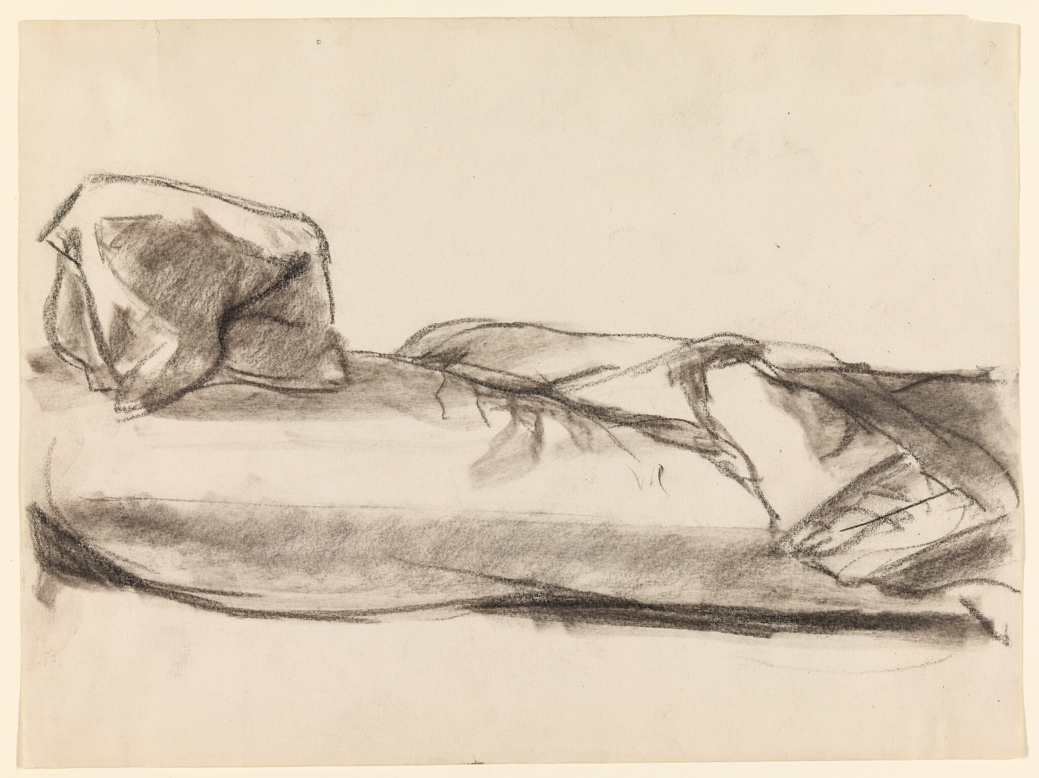 A loose charcoal sketch showing a rumpled pillow and blanket draped across a bed.
