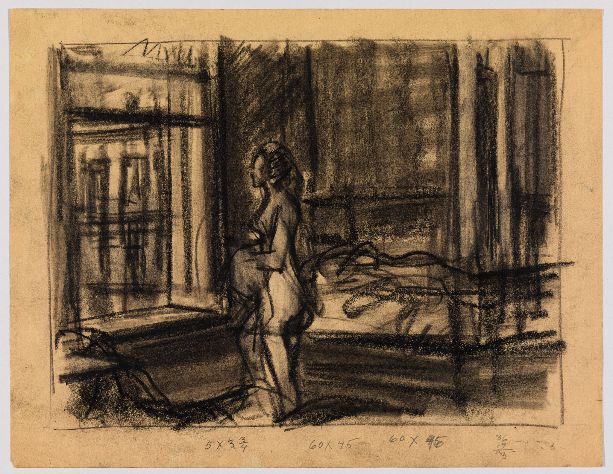A woman stands by a window in a dim bedroom beside an unmade bed.