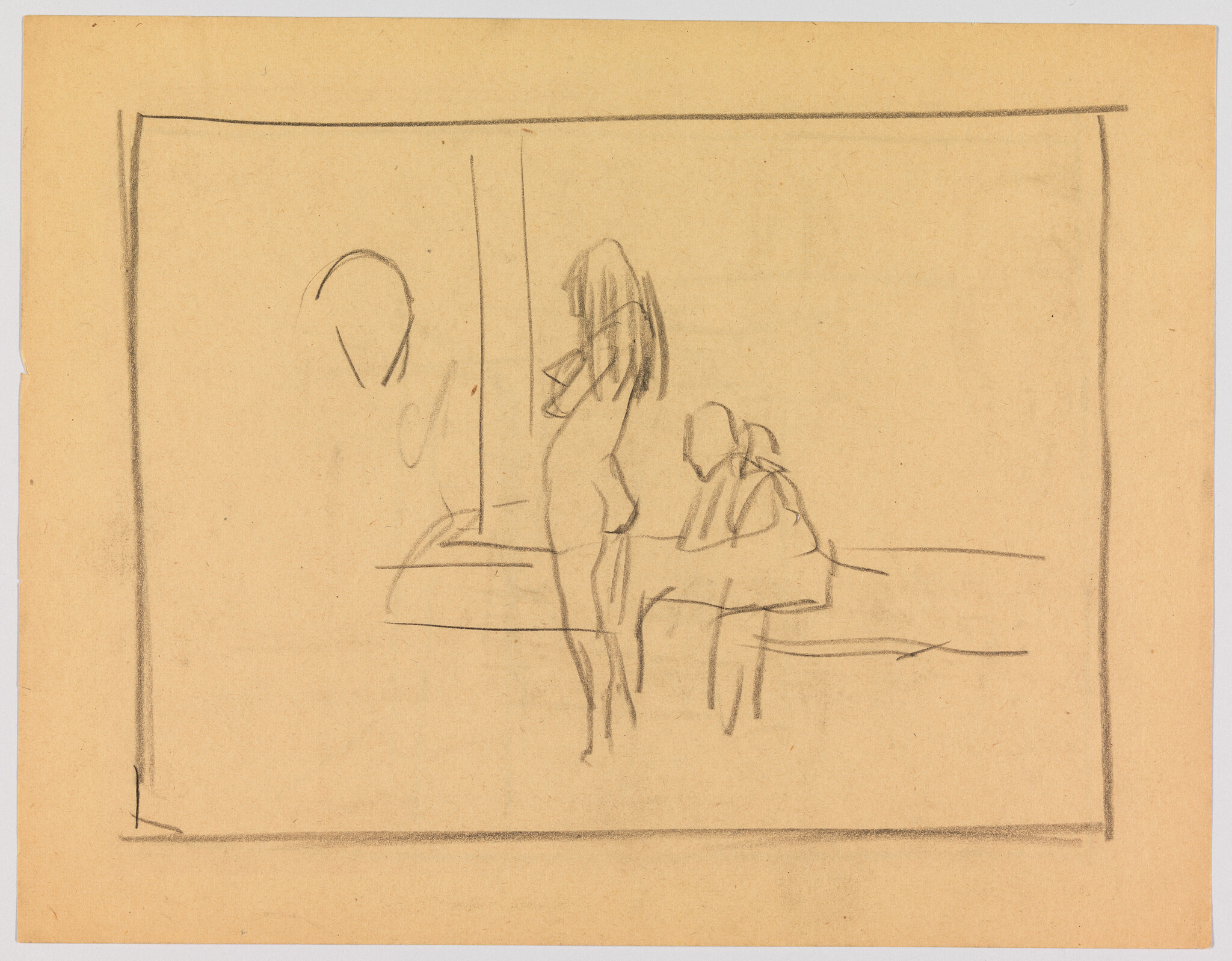 Two figures by a window, one standing and the other sitting on a bench.