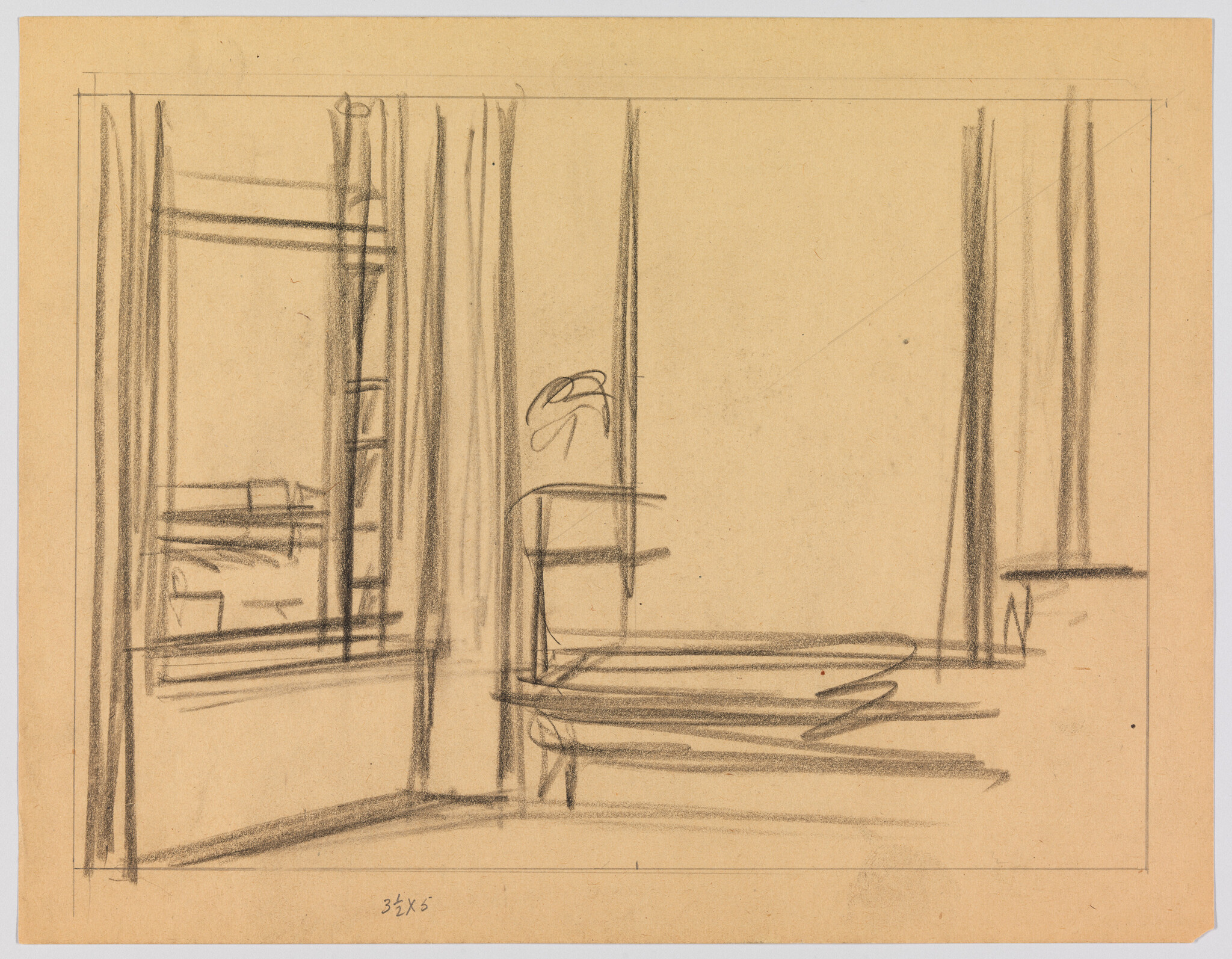 Pencil sketch of a room with tall windows, a chair near the window, and layered floorboards.