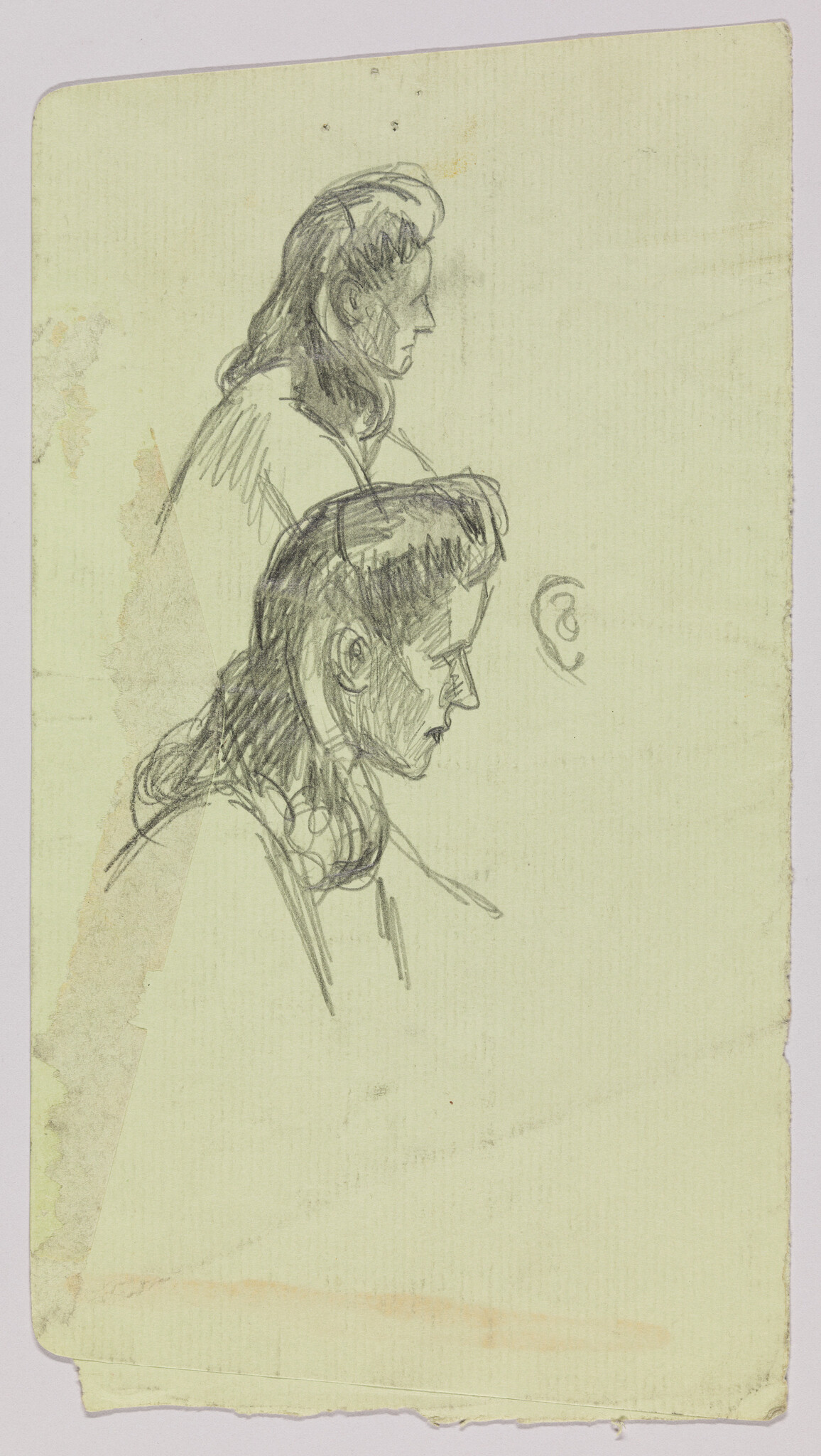 Two pencil sketches show a woman's profile from different angles on yellowed paper.