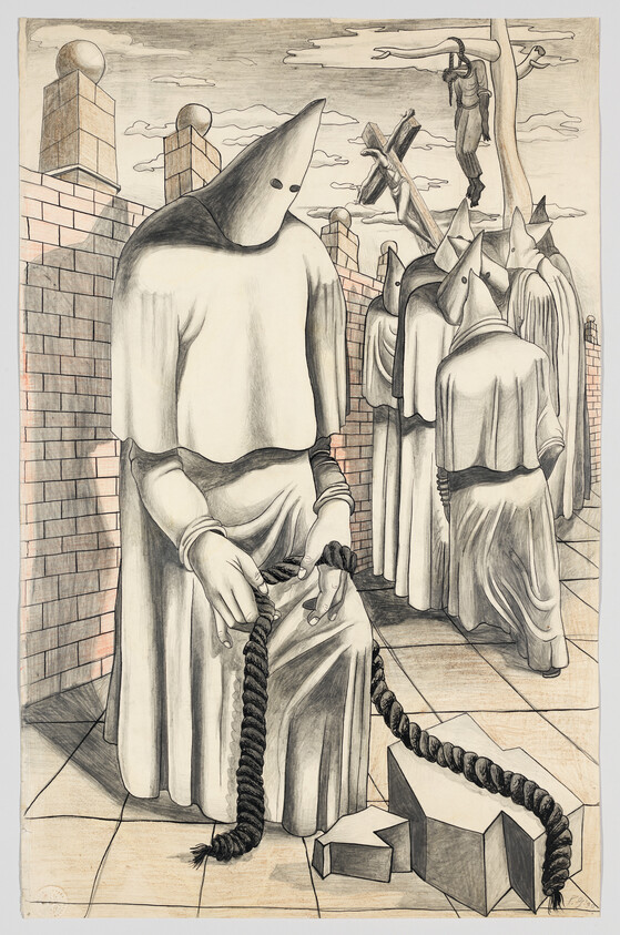 Several hooded figures in robes stand near brick walls; one holds a thick rope, and a person hangs in the background.