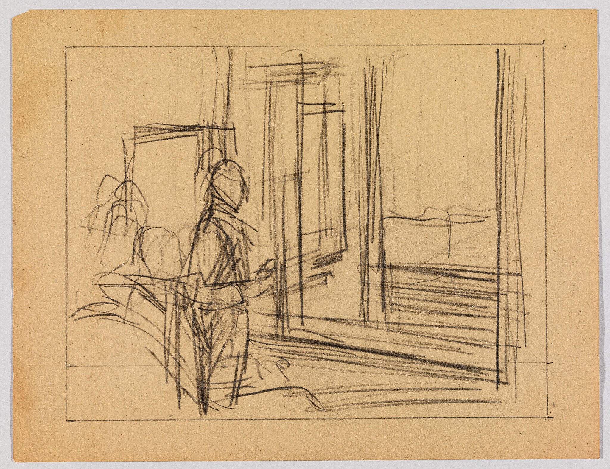 A person stands inside near a large window, looking out toward the light.