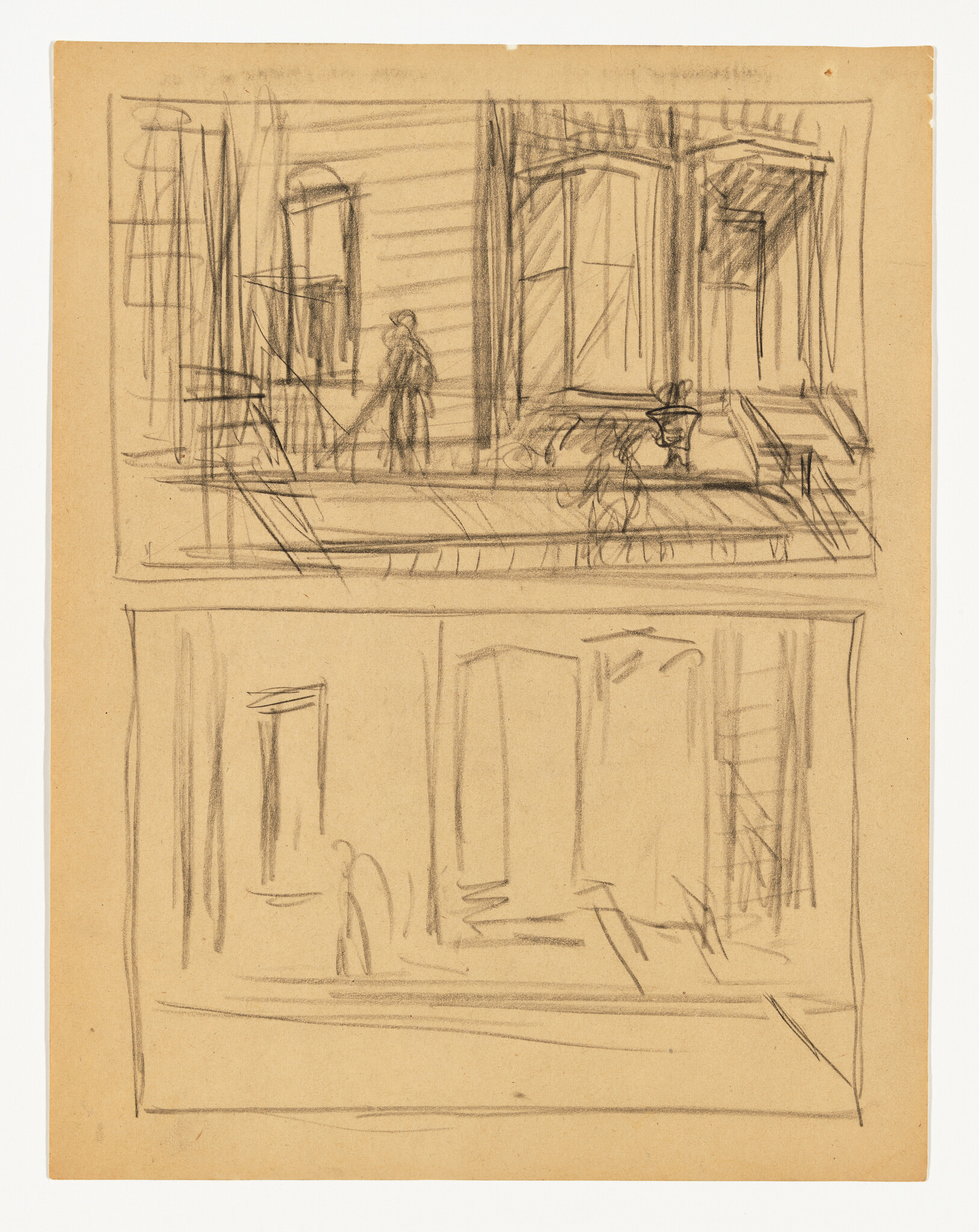 Rough pencil sketches showing a rowhouse facade with a person on the front steps and empty lower scene.
