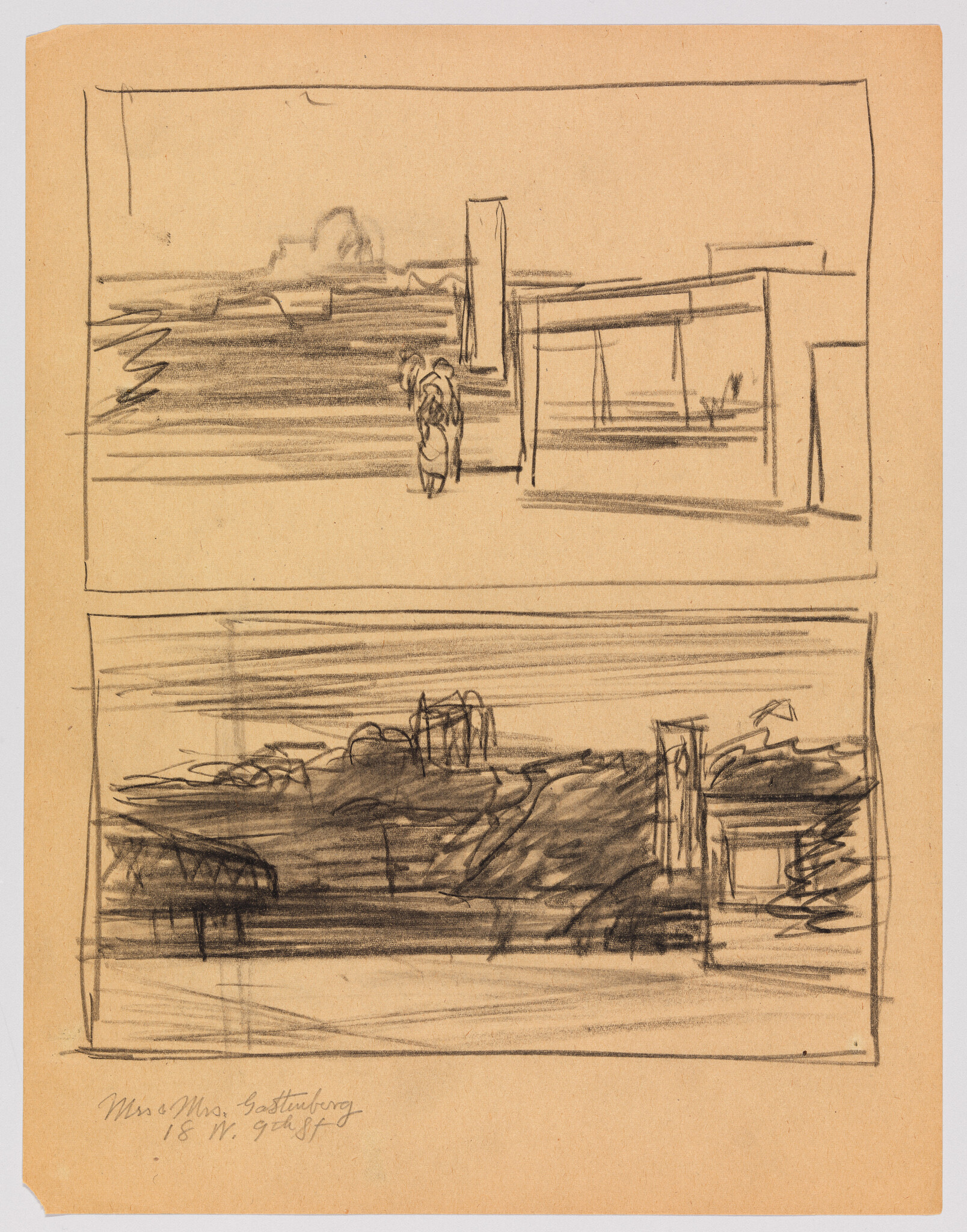 Two horizontal pencil landscape sketches showing distant hills, a small figure, and simple buildings.