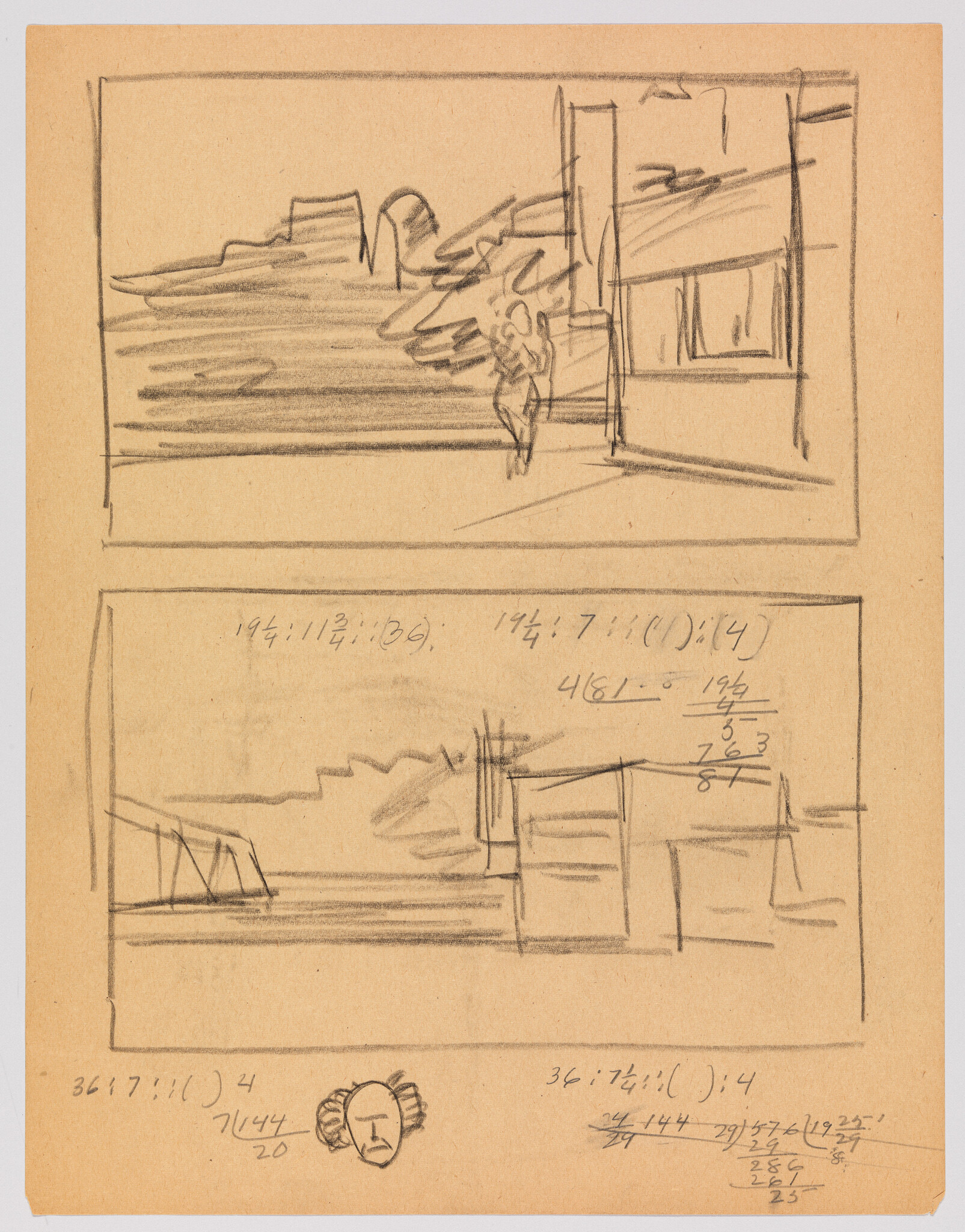 Two pencil thumbnail sketches of a shoreline and building with a small standing figure and handwritten numbers.