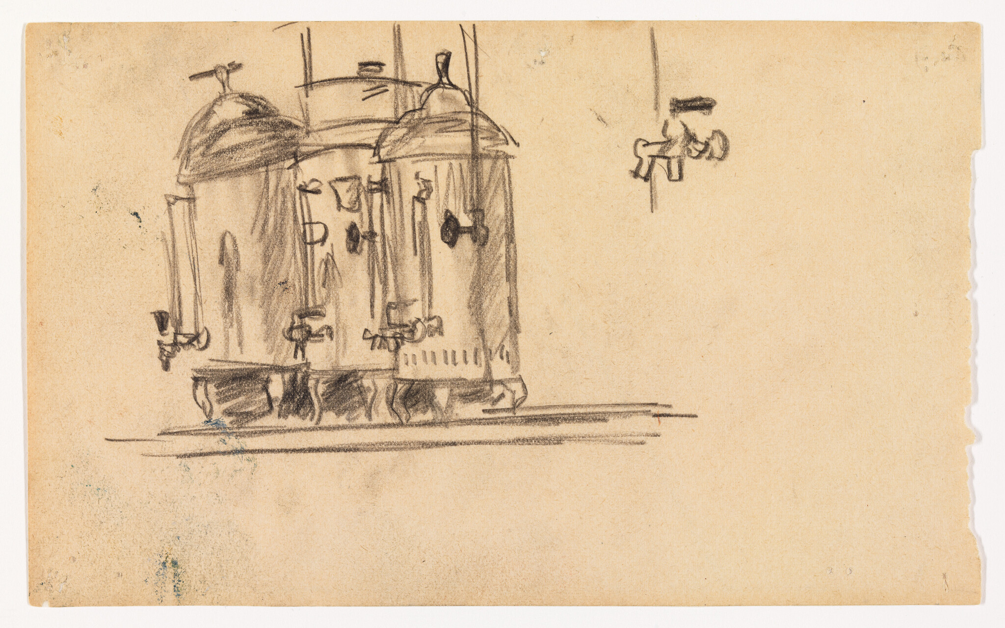 Three metal urns with spouts and lids sketched on a shelf.