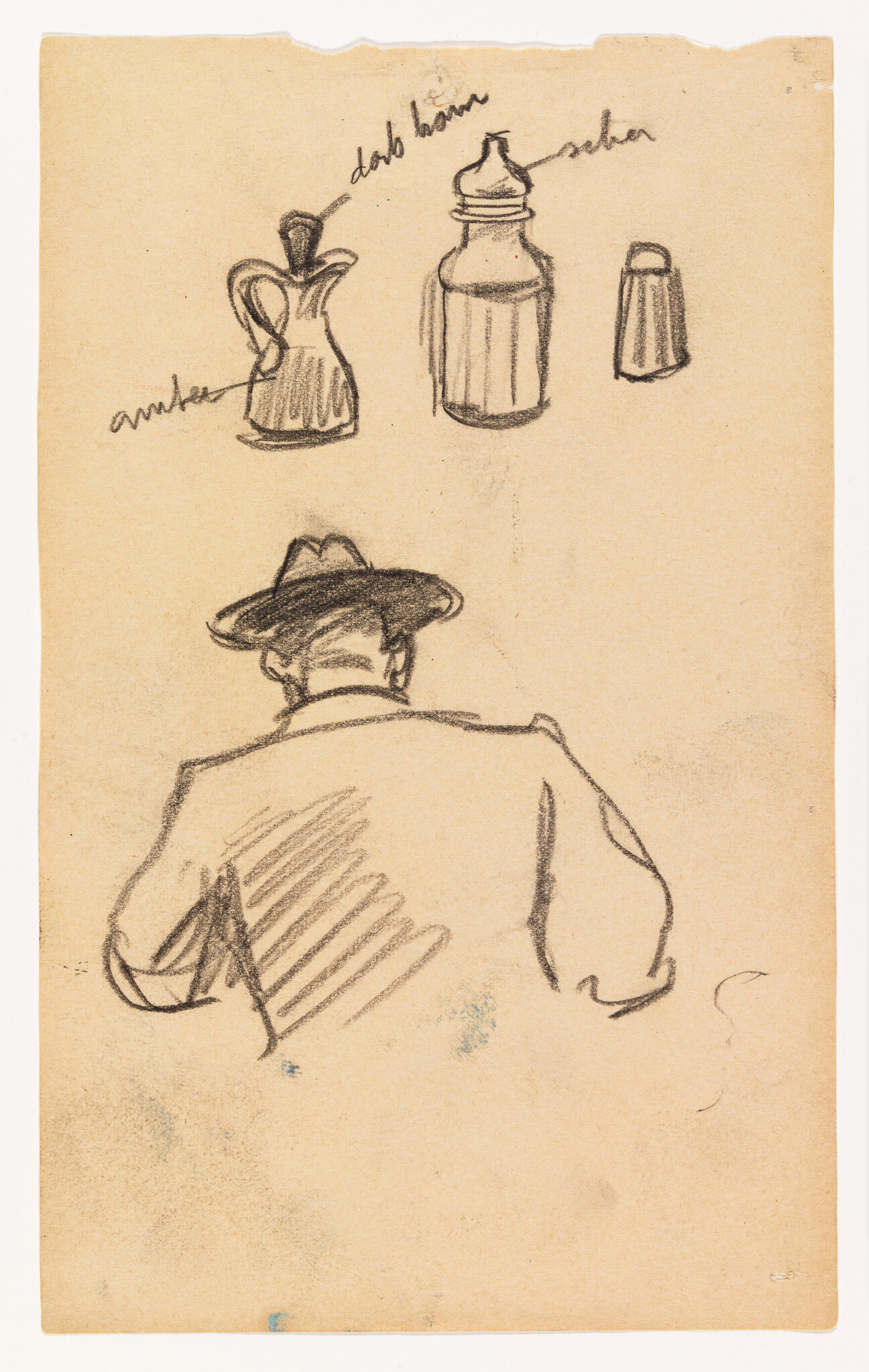 Man seen from behind wearing a hat with small bottle and pitcher sketches above.
