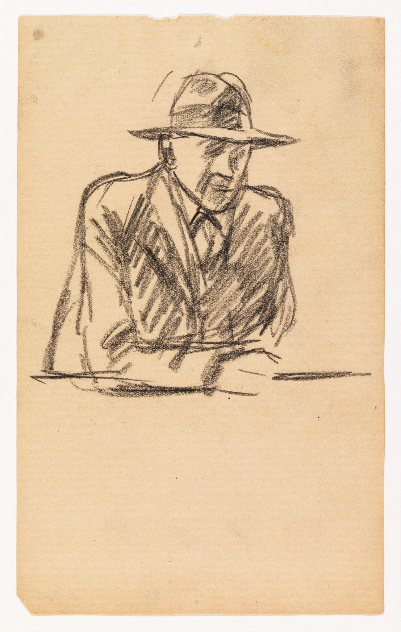 Charcoal sketch of a man in a suit and wide-brim hat leaning on a table.