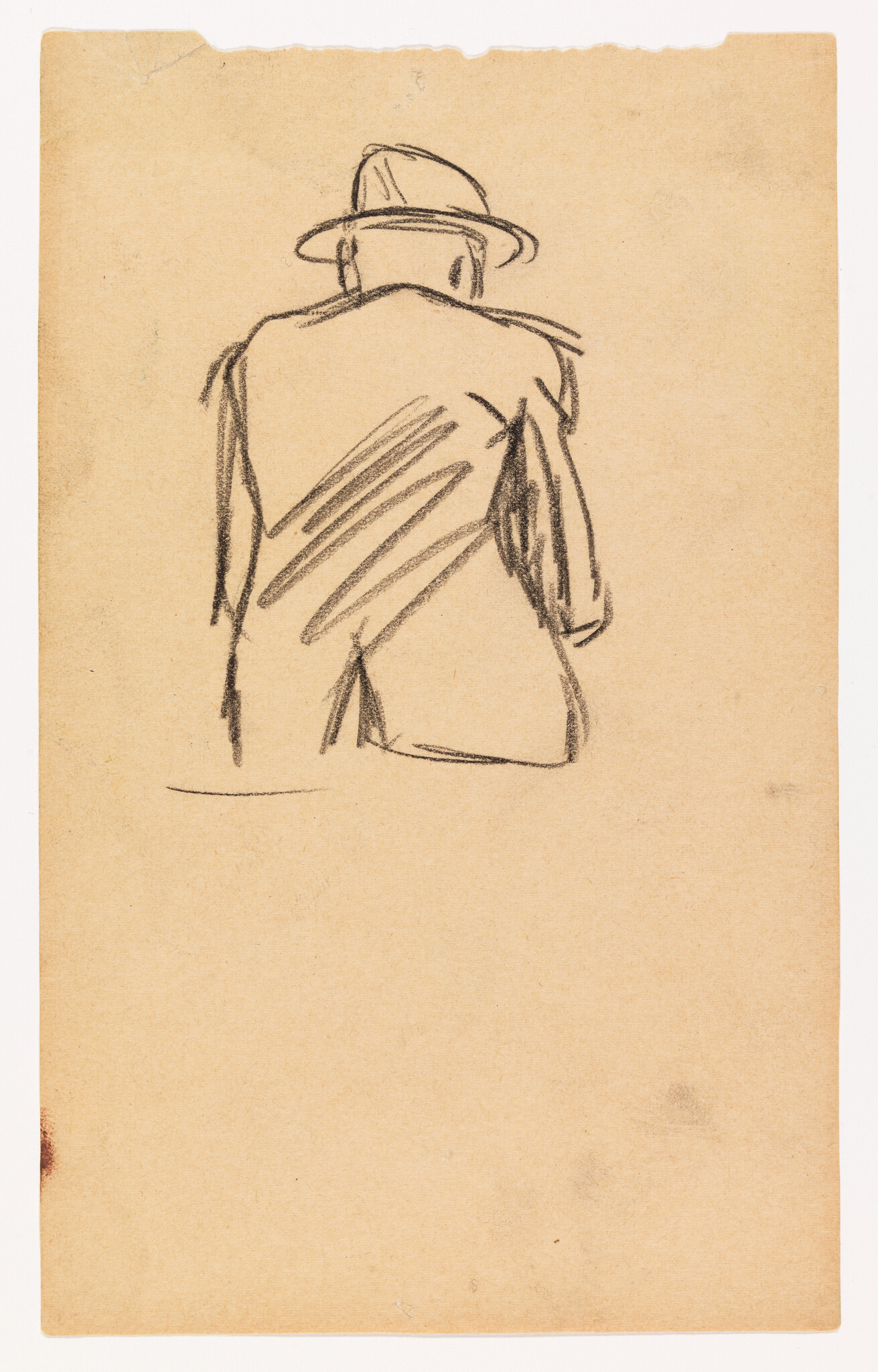 A charcoal sketch shows a man seen from behind wearing a hat and jacket.