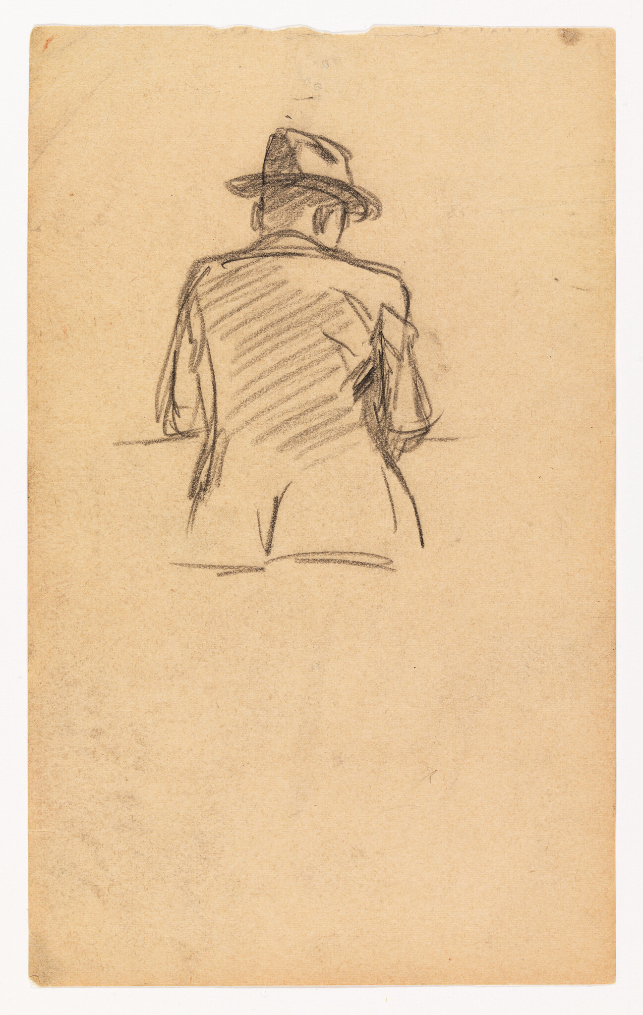 A sketch on aged paper depicting the back view of a person wearing a hat, with the outlines and shading done in pencil. The drawing is rough and appears to be a quick study or draft.