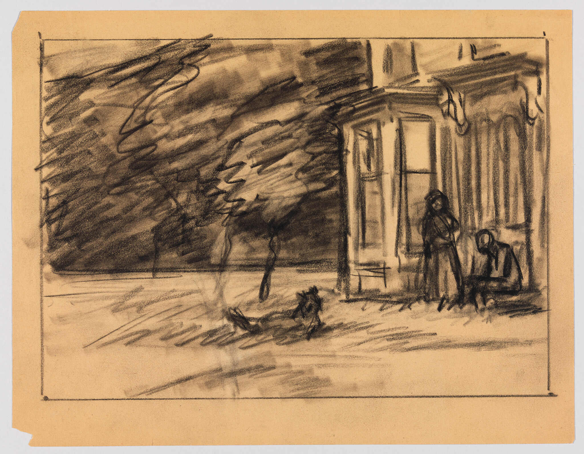 Two people on a porch, one standing and one seated, with a small dog in the yard.