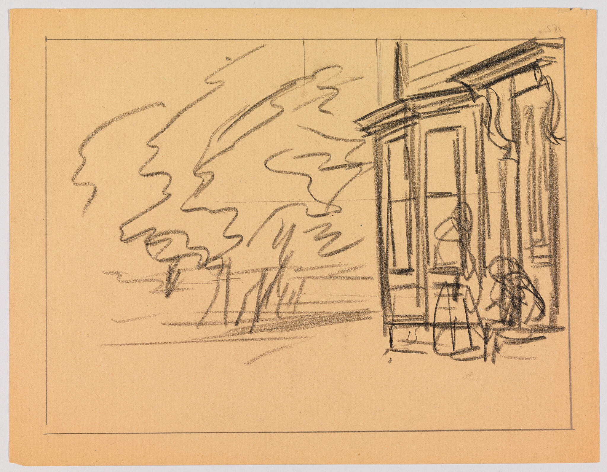 Two people stand and sit by a house doorway with trees sketched in the background.