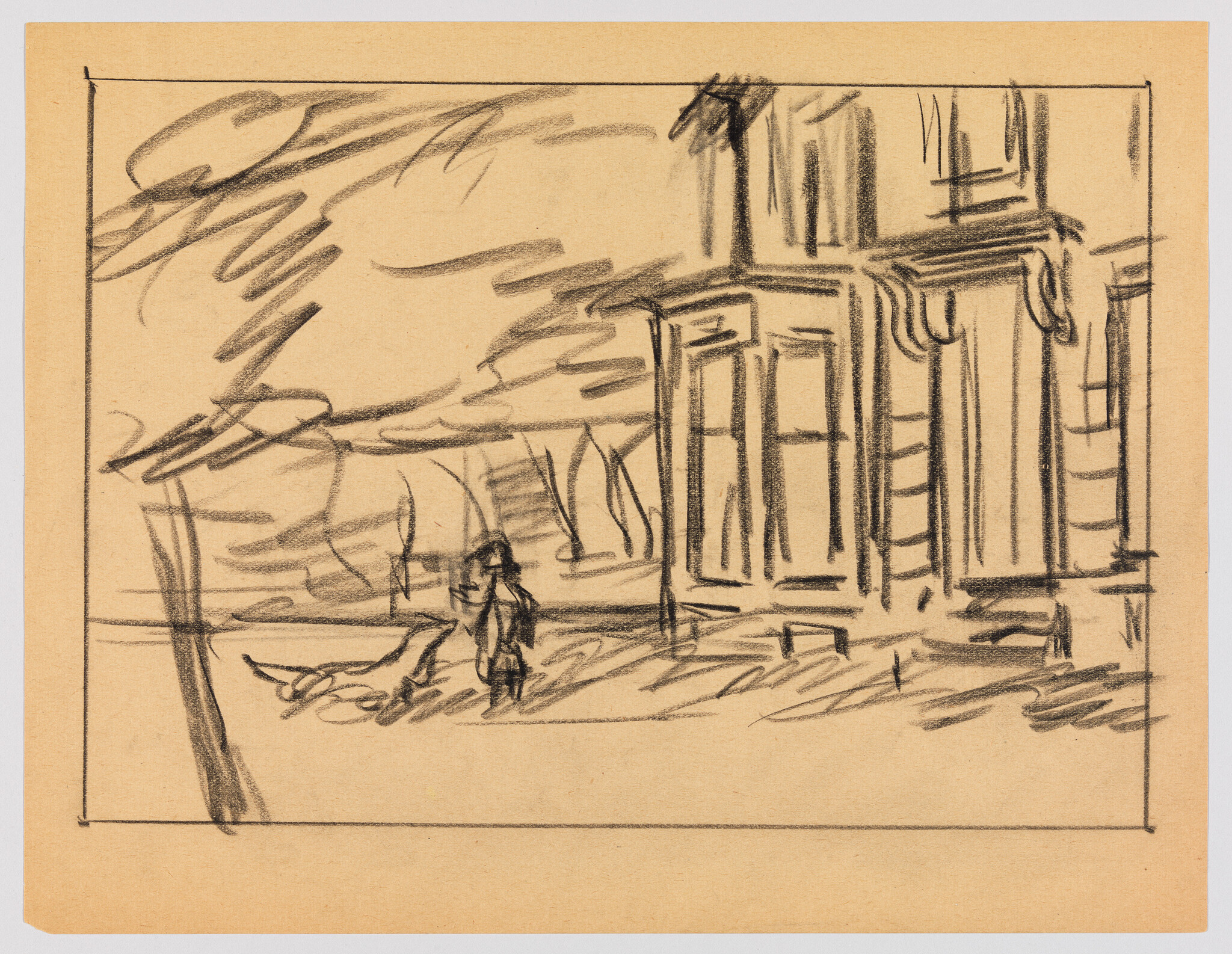 A charcoal sketch showing a person walking near a large building and trees by the shore.