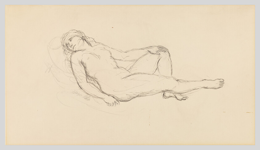 A pencil sketch of a reclining nude figure with one leg bent and a hand resting on the thigh.