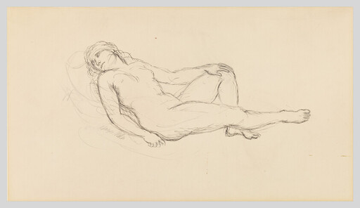 A pencil sketch of a reclining nude figure with one leg bent and a hand resting on the thigh.