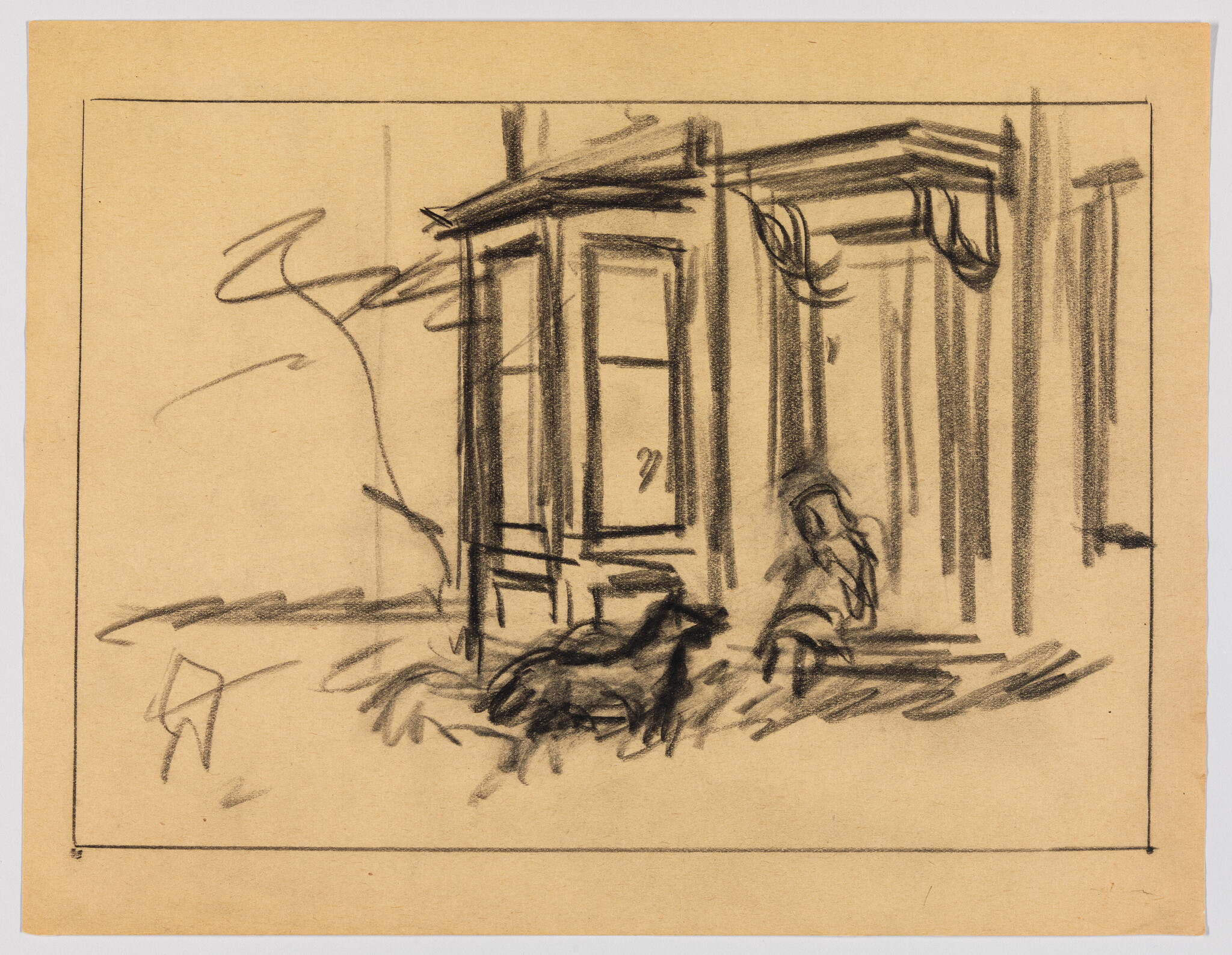 Charcoal sketch shows a person sitting on a porch step with a dog nearby.