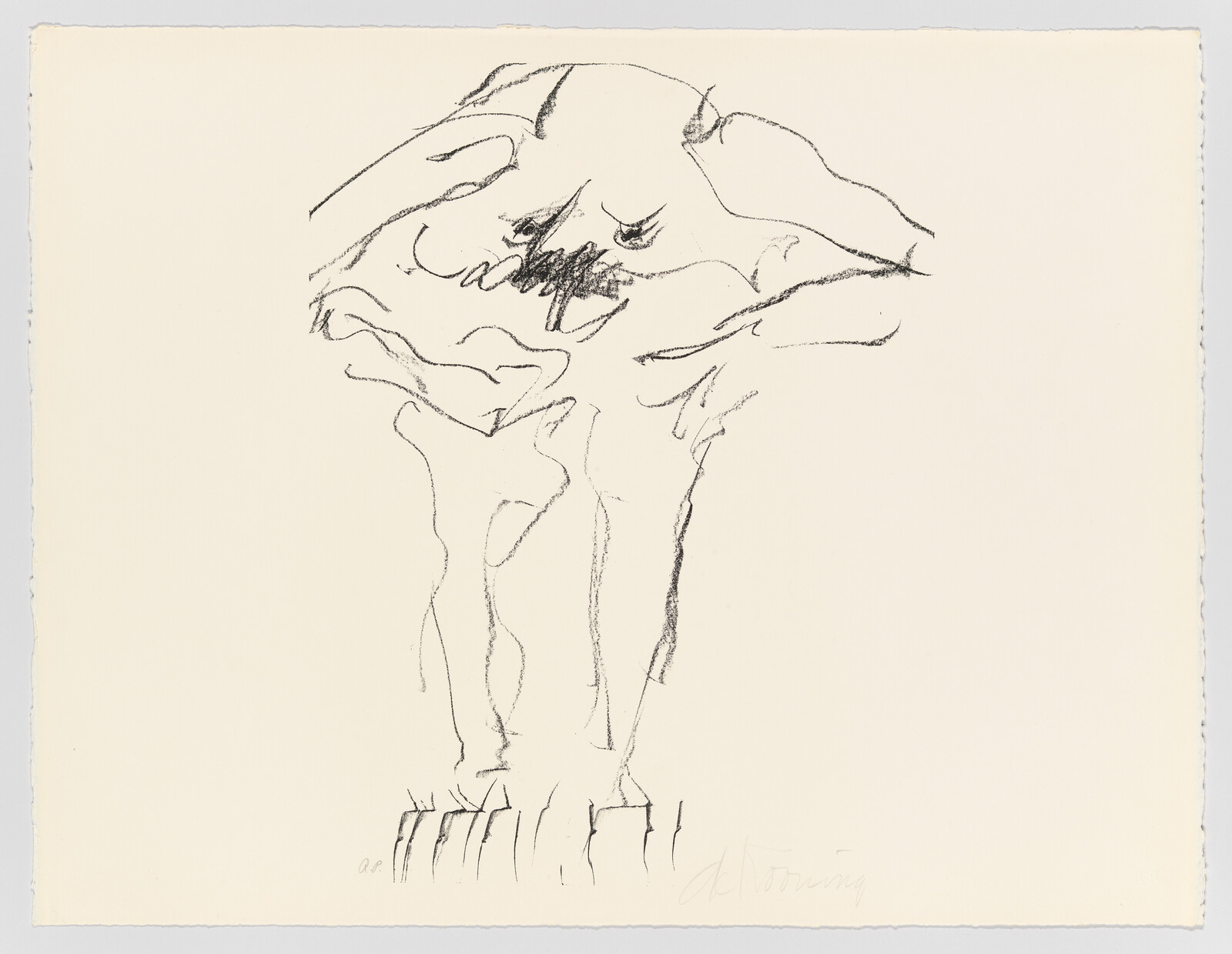 A loose charcoal sketch of a standing figure with hands on head balancing on a platform.