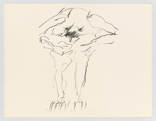 A loose charcoal sketch of a standing figure with hands on head balancing on a platform.