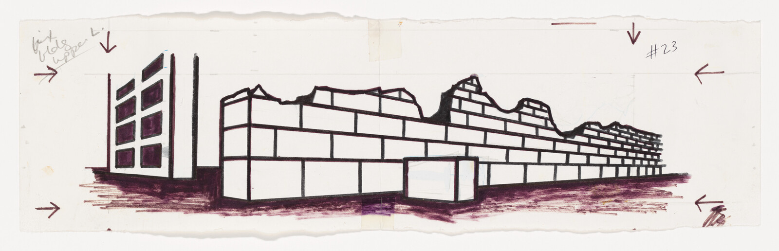 Long hand-drawn brick wall and adjacent building sketched in black lines with arrows.