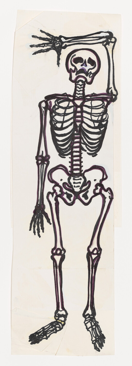 A full-size hand-drawn human skeleton standing with one arm raised above its head.