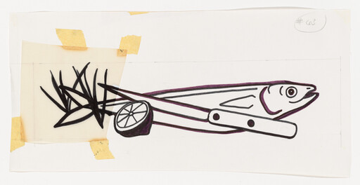 A stylized fish next to a knife, lemon slice, and bundle of herbs on paper.