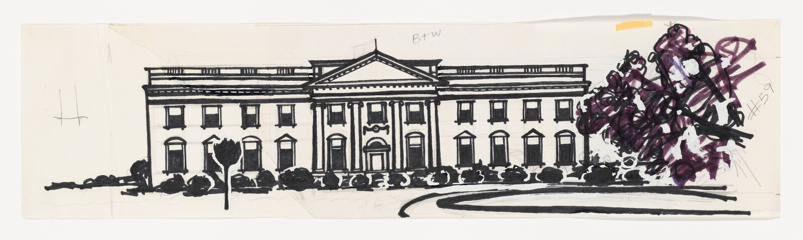 Pen and marker sketch of a large neoclassical building with shrubs and scribbled trees.