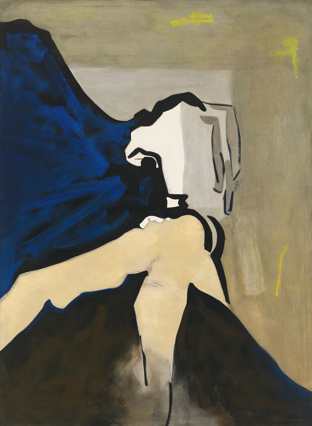 A reclining nude woman partially covered by deep blue fabric against a muted background.