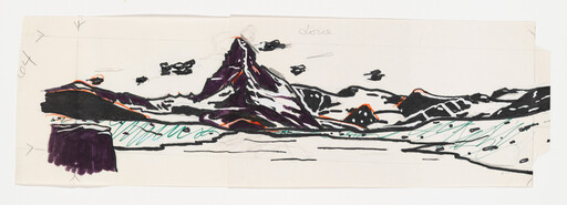 A simple marker sketch of a tall jagged mountain with surrounding hills and a calm lake.